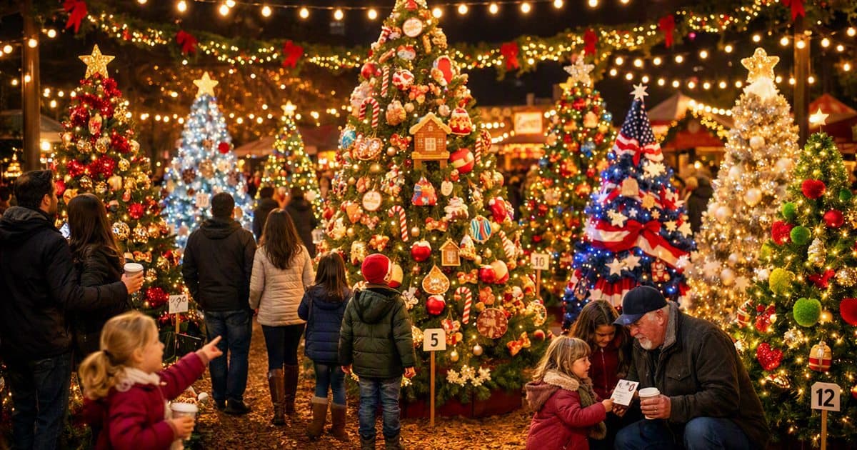 Families exploring the decorated Christmas Tree Forest at the Warm Hearts Christmas Festival